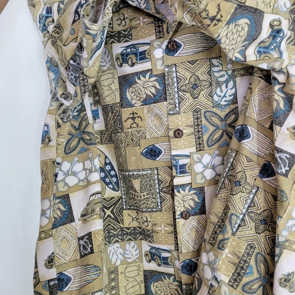 VTG Mens L Brown Tribal Geometric Surfboard Van Pineapple Aloha Camp Shirt Beach